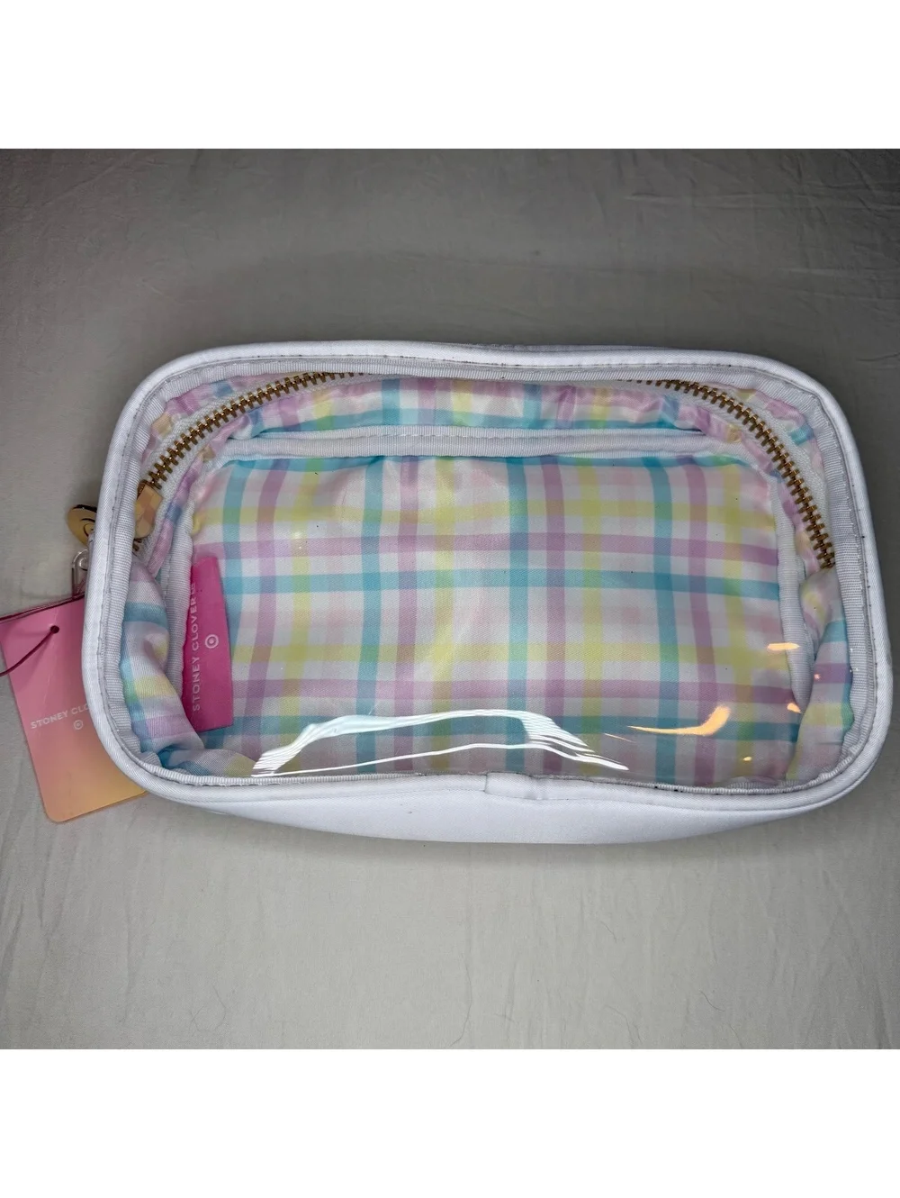 Stoney Clover LN Target White Pastel Gingham Clear Front Zipper Close Makeup Bag